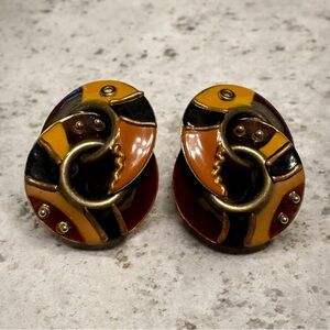 Vintage Gold Burgandy & Camel Browns Swirl Clip On Earrings